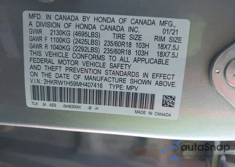 2021 Honda Cr-V 2Wd Ex z USA, uszkodzony, nr VIN 2HKRW1H59MH407416